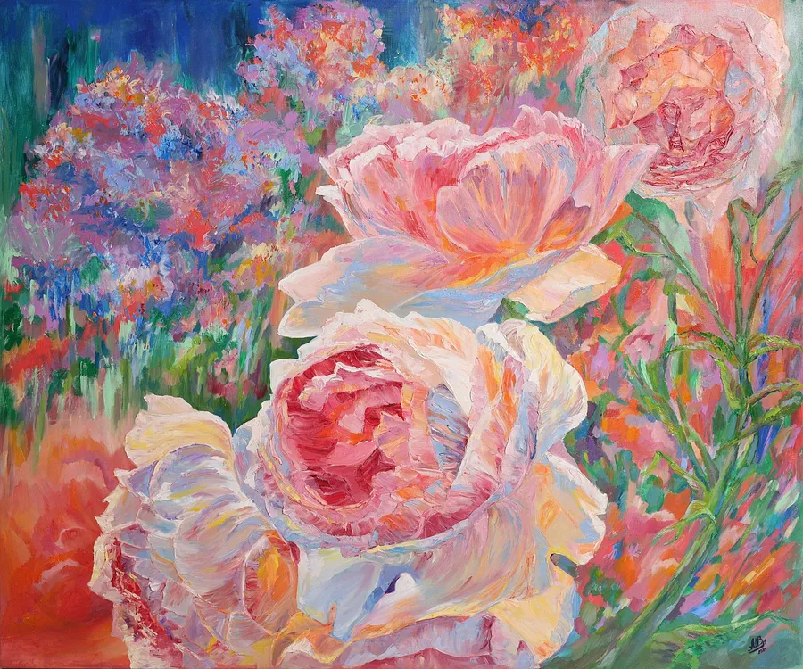 Image of Dance of Flowers by Vladyslava Shokha, size: 120 × 100 cm, made of Canvas, oil, finishing varnish, Painting medium