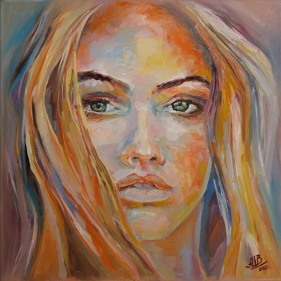 Image of "Green look" by Vladyslava Shokha, size: 50 × 50 cm, made of Canvas, oil, finishing varnish, Painting medium, from France, priced at Price on request