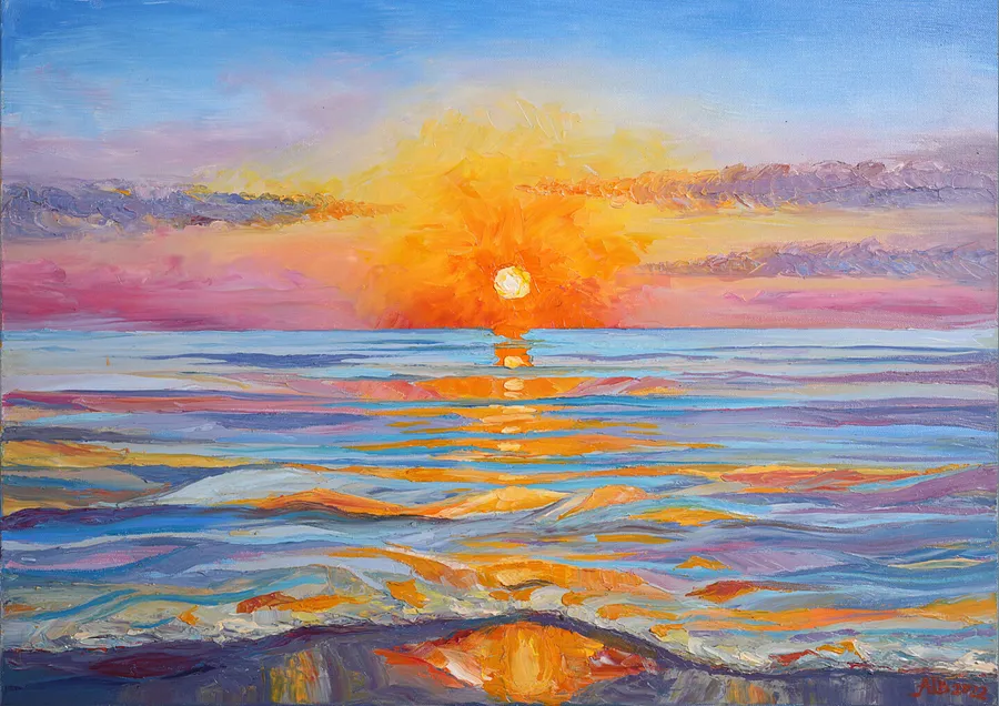 Image of "Sunset Magic" by Vladyslava Shokha, size: 70 × 50 cm, made of Linen canvas, oil, finishing varnish, Painting medium, from France, priced at Price on request